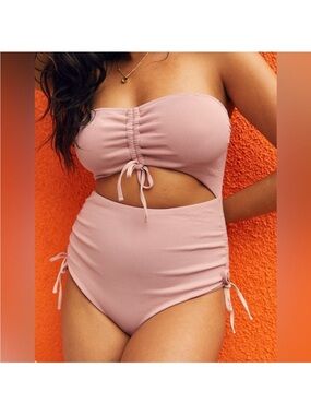 🪴 aerie Pale Pink Ribbed Cutout Bandeau Swimsuit